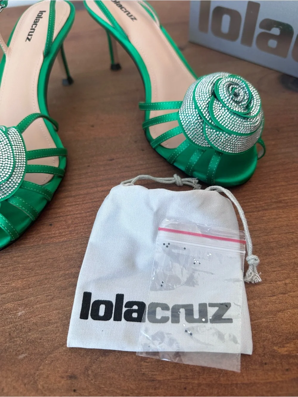 LOLA CRUZ Green Satin Slingback Heels with Crystal Rose Detail